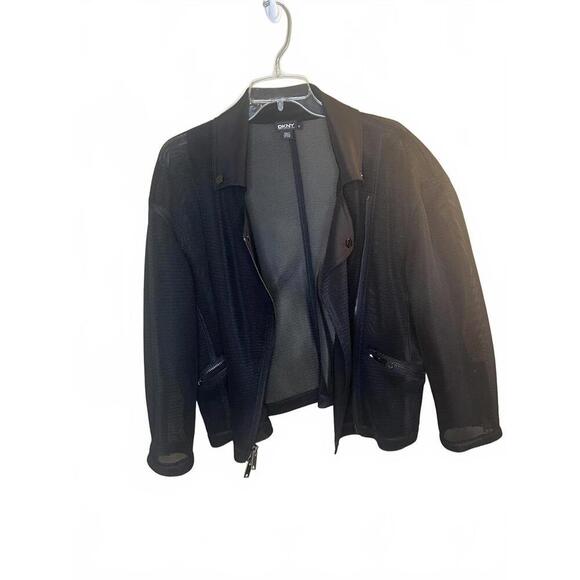 DKNY Silk Black Mesh Women's Moto Bomber Jacket Pockets Zippers Size Medium - Picture 7 of 10